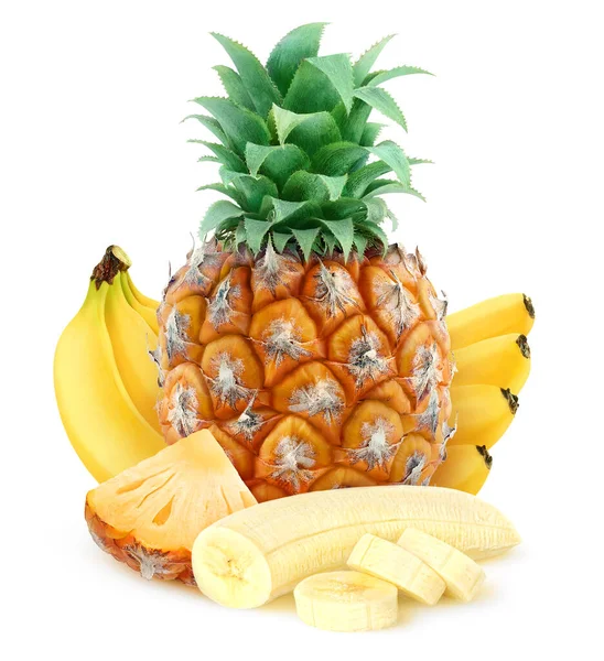 Ananász Vágott Banán Darab Elszigetelt Fehér Alapon — Stock Fotó