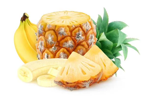 Cut Banana Pineapple Fruits Isolated White Background — Stock Photo, Image