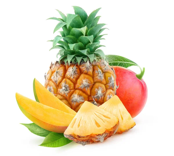 Isolated Tropical Fruits Red Mango Pineapple Whole Slices Isolated White — Stockfoto