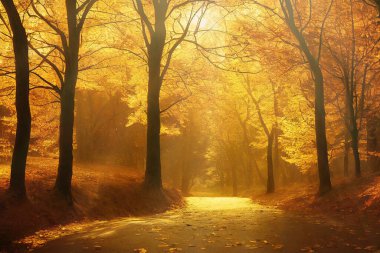 Alley perspective in sunlit autumn park with golden mist and fallen yellow leaves, beautiful landscape. Digital illustration based on render by neural network