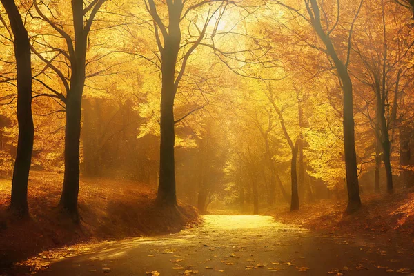 Alley Perspective Sunlit Autumn Park Golden Mist Fallen Yellow Leaves Royalty Free Stock Photos