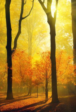 Colorful red and yellow trees in autumn forest, backlit silhouettes with sun shining through the branches, vertical format. Digital illustration based on render by neural network
