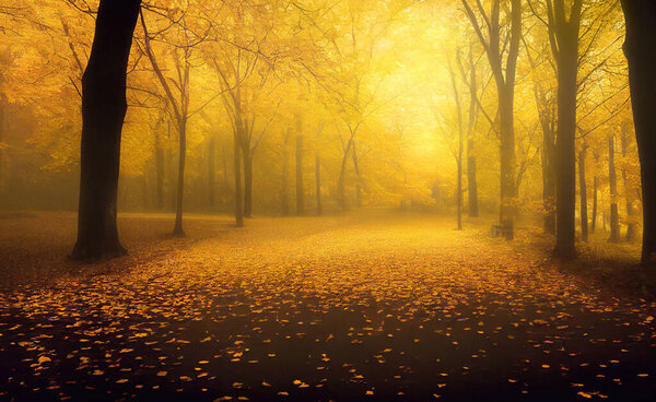 Misty autumn park alley perspective with yellow trees and golden fog, landscape with magical atmosphere. Digital illustration based on render by neural network