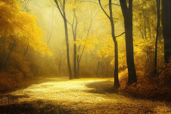 Autumn Park Misty Day Landscape Alley Turn Golden Leaves Soft — Fotografia de Stock