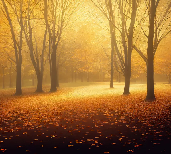 秋天的森林里灯火通明 五彩斑斓的树叶躺在地上 金黄的雾气闪烁着 基于神经网络渲染的数字图像 — 图库照片