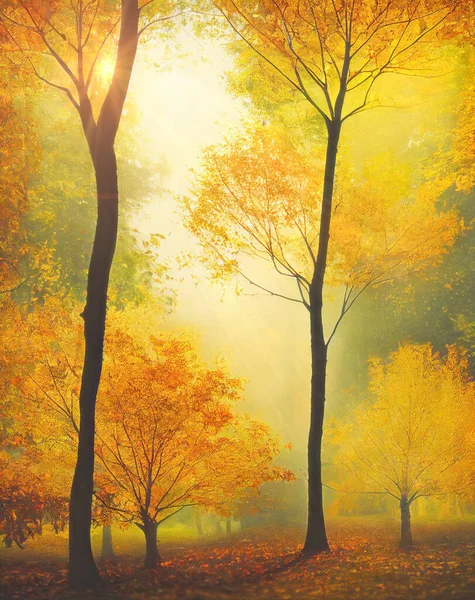Giorno Nebbioso Foresta Autunno Foglie Gialle Arancioni Sagome Alberi Formato — Foto Stock