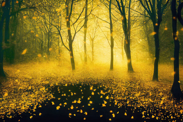 Autumn in enchanted forest, yellow leaves falling to the ground, mysterious golden fog. Digital illustration based on render by neural network
