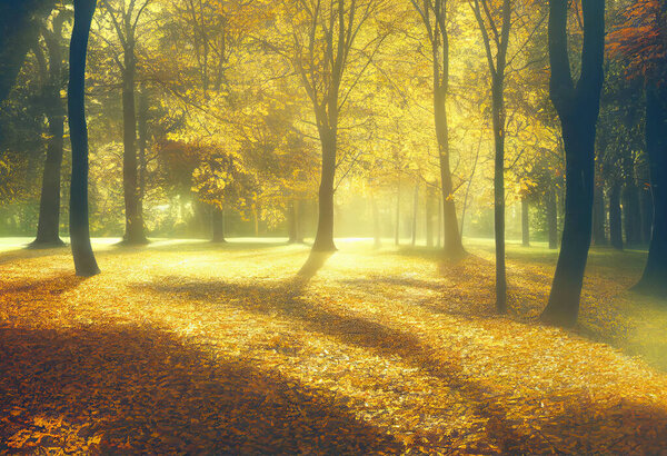 Brightly lit opening in autumn park, golden mist, sunlight shining through the trees, ground covered with yellow leaves. Digital illustration based on render by neural network