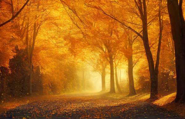 Golden trees along an autumn park alley, misty day, falling leaves. Digital illustration based on render by neural network