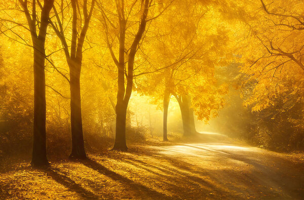 Sunlit alley in autumn park, golden leaves and yellow mist. Digital illustration based on render by neural network