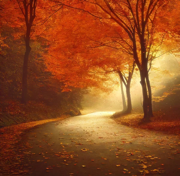 Sonbahar parkında puslu bir sabah, dar bir sokak boyunca kırmızı akçaağaç ağaçları, kare format. Sinirsel ağın oluşturulmasına dayalı dijital illüstrasyon