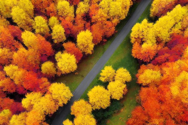 秋天公园里有一条路 黄红相间的树木从上面俯瞰着 基于神经网络渲染的数字图像 — 图库照片