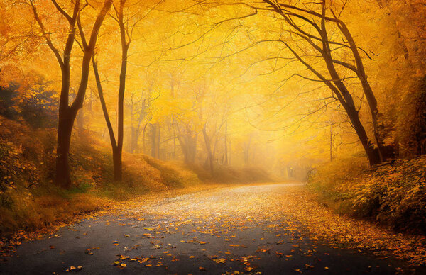 Yellow autumn trees along a park road in a foggy day. Digital 3D illustration