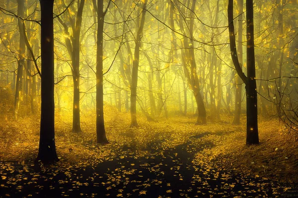 Autunno Una Foresta Incantata Misteriosa Nebbia Dorata Foglie Gialle Cadenti — Foto Stock