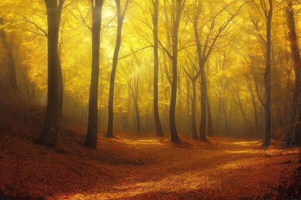 Yellow trees in autumn forest, sunny day, trail covered with fallen leaves. Digital 3D illustration