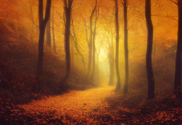 Foggy autumn forest at dusk, trail covered with fallen leaves. Digital 3D illustration