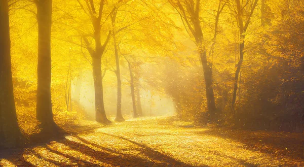 Perspektywa Alei Parku Jesienią Złote Drzewa Oświetlone Jasnym Słońcem Opadające — Zdjęcie stockowe