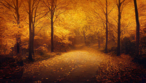 Misty evening in autumn park, golden trees along the alley. Digital 3D illustration