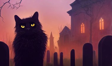 Gece yarısı perili evin önündeki mezarlıkta kara kedi. Cadılar Bayramı arkaplanı, dijital illüstrasyon