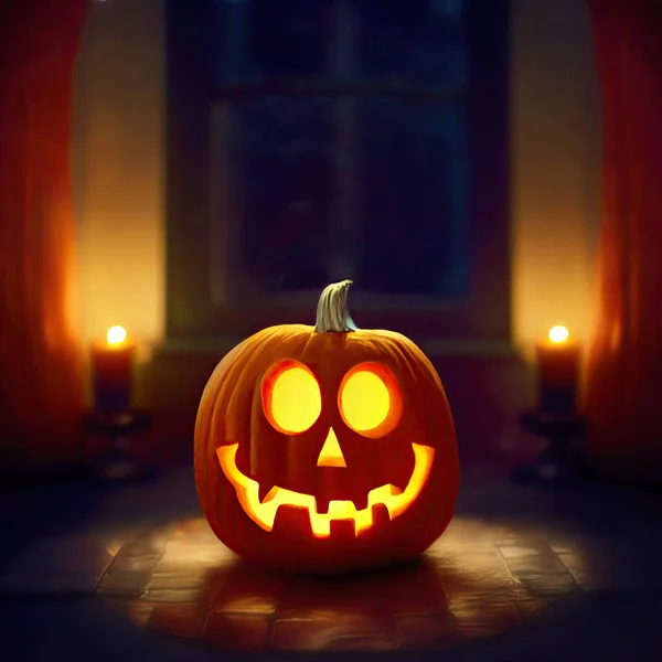 Calabaza Halloween Sonriente Con Ojos Brillantes Una Mesa Una Habitación — Foto de Stock