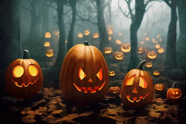 Halloween pumpkins with scary smiles and glowing eyes in misty forest at night. Digital illustration