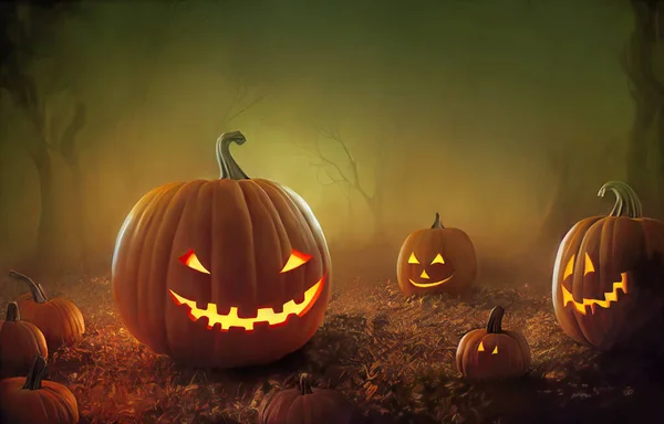 Halloween pumpkins with glowing eyes in a field at night, spooky Halloween scene with copy space. 3D digital illustration