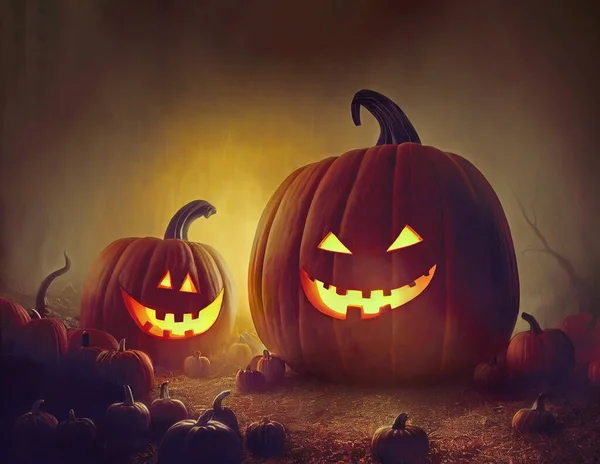 Dos Calabazas Halloween Aterradoras Con Sonrisas Malvadas Campo Ilustración Digital — Foto de Stock