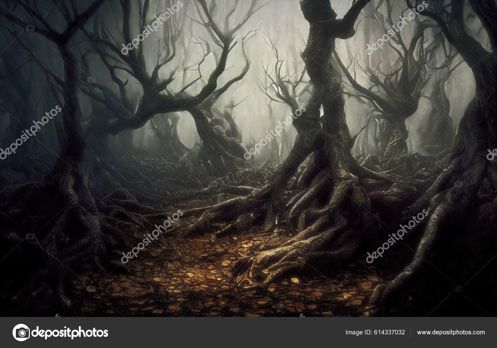 Árboles Malvados Torcidos Profundo Del Bosque Fantasía Con Raíces  Retorcidas — Foto de stock #614337032 © photomaru, image size:1600x1122