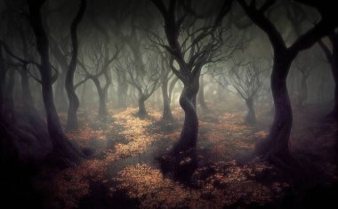 Gizemli ormanın derinliklerindeki eğri büğrü ağaçlar, karanlık ürkütücü atmosfer. 3B dijital illüstrasyon