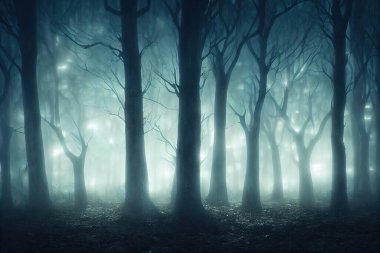 Büyülü gece ormanlarında gizemli ışıklar, çıplak ağaçlı karanlık ağaç siluetleri, peri masalı atmosferi. 3B dijital illüstrasyon