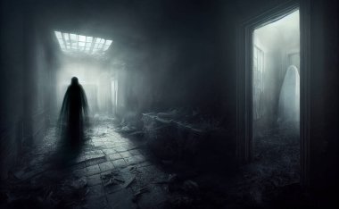 Hayaletli bir evin karanlık koridorunda ürkütücü hayaletler, ürpertici korku hikayesi atmosferi. 3B dijital illüstrasyon