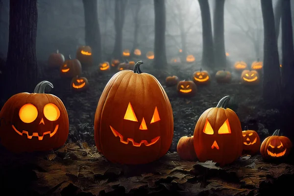 Calabazas Sonrientes Con Ojos Brillantes Sobre Hojas Secas Espeluznante Bosque — Foto de Stock