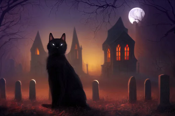 Gatto Nero Malvagio Con Occhi Luccicanti Cimitero Notte Halloween Sfondo — Foto Stock