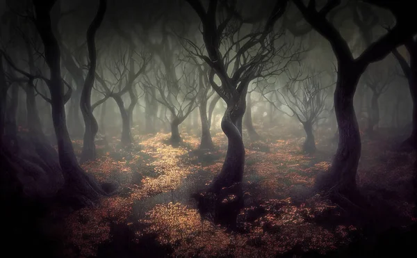 Krzywe Pokręcone Drzewa Głęboko Tajemniczym Lesie Ciemna Straszna Atmosfera Cyfrowa — Zdjęcie stockowe