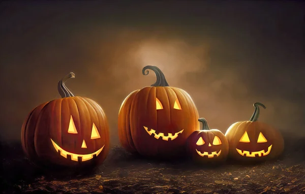 Famiglia Zucche Halloweem Con Occhi Luccicanti Campo Durante Notte Nebbiosa — Foto Stock