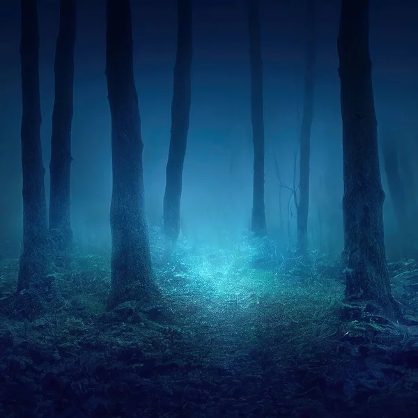 Mysterious glowing blue path in dark enchanted forest at night. Square format 3D digital illustration