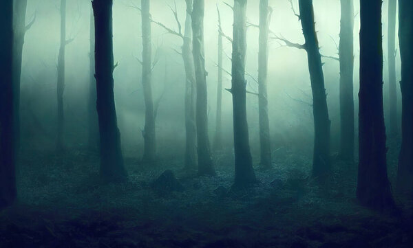 Mysterious fog deep in the forest at night, dark tree silhuettes with bare branches. 3D digital illustration