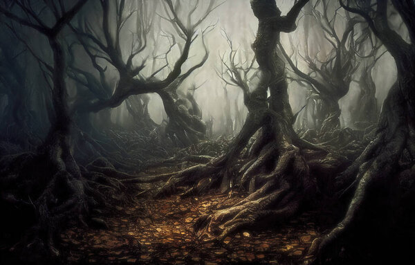 Evil crooked trees deep in fantasy forest with twisted roots and bare branches, foggy eerie landscape. 3D digital illustratio