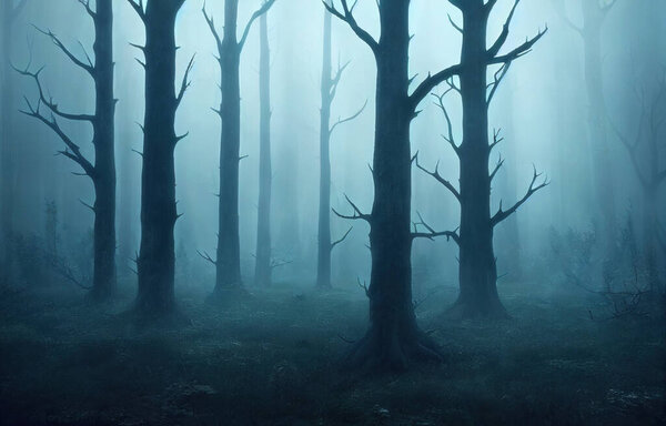 Dark blue tree silhuettes in night autumn forest, bare branches and dense fog. 3D digital illustration