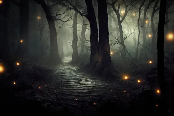 Tajemnicze Złote Światła Ścieżce Ciemnym Mglistym Lesie Nocy Straszna Atmosfera — Zdjęcie stockowe