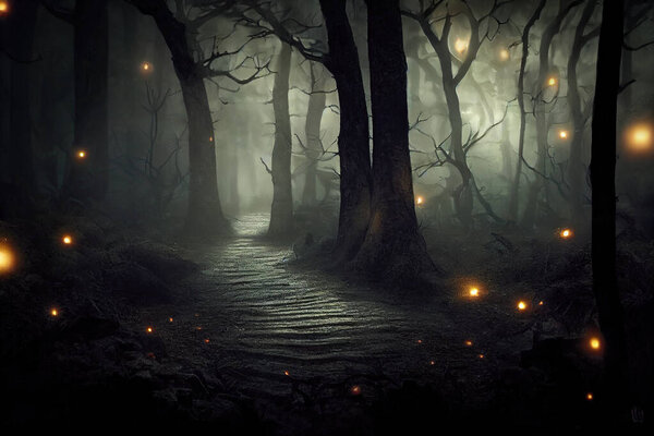 Mysterious golden lights along a path in dark foggy forest at night, spooky fairy tale atmosphere. 3d digital illustration