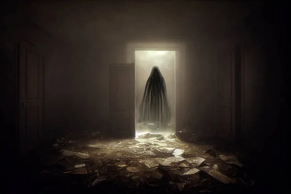 鬼鬼祟祟的鬼影在鬼屋黑暗的废弃房间的门口 Sepia用复制空间对3D数字图像进行了调整 — 图库照片