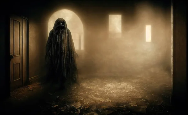 Läskig Spöklik Halloween Figur Förfallna Kläder Övergivna Hus Dimma Eller — Stockfoto