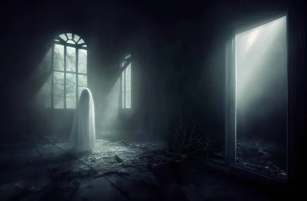 White Ghostly Figure Abandoned Room Haunted House Interior Mysterious Night — Stock Photo, Image