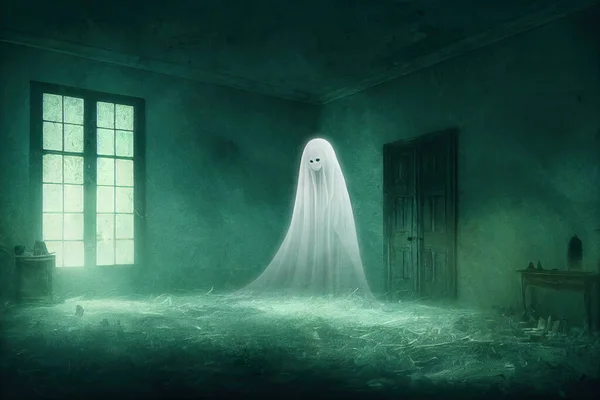 Fantasma Feminino Assustador Branco Com Rosto Triste Quarto Abandonado Interior — Fotografia de Stock