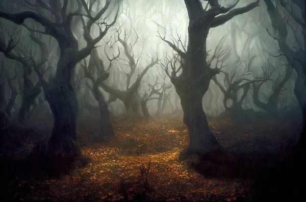 Dark fairy tale forest, twisted trees with bare branches, dark creepy atmosphere and mysterious fog. 3D digital illustration