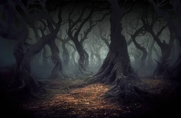 Floresta Assustadora Noite Silhuetas Árvores Torcidas Com Ramos Nus Ilustração — Fotografia de Stock