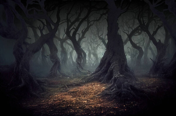 Scary forest at night, twisted tree silhouettes with bare branches. 3D digital illustration