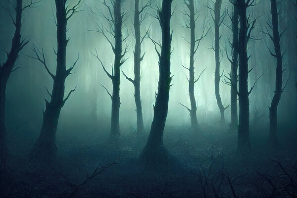 Dark tree silhouettes in creepy forest at night, fog and mysterious glow. 3D digital illustration