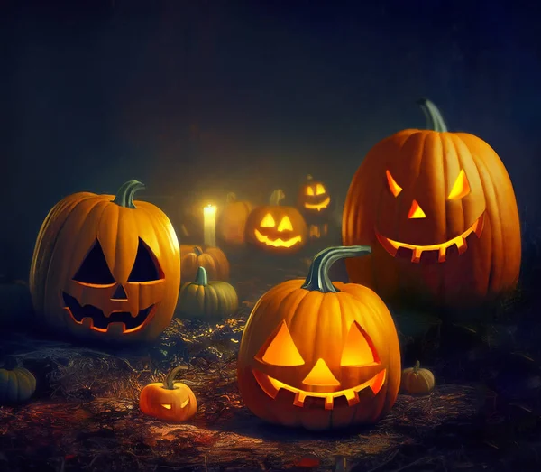 Strašidelné Halloweenské Dýně Svíčky Noci Zemi Digitální Ilustrace Kopírovacím Prostorem — Stock fotografie